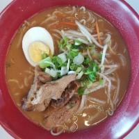 N2. Miso Ramen Noodle · Bean sprout, onion, carrot, slow simmered pork, boiled egg and onions.