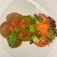 Spinach Ravioli  ✖  Insalata Mista · Homemade spinach ravioli with Pesto, Pomodoro OR Pistachio Sauce  ✖  Mixed Greens, Tomatoes,...