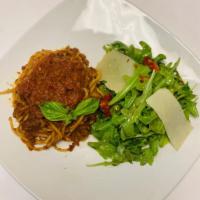 Spaghetti Bolognese, Insalata di Arugula · Spaghetti, homemade zesty tomato meat sauce, arugula, endive, radicchio, sun-dried tomatoes,...