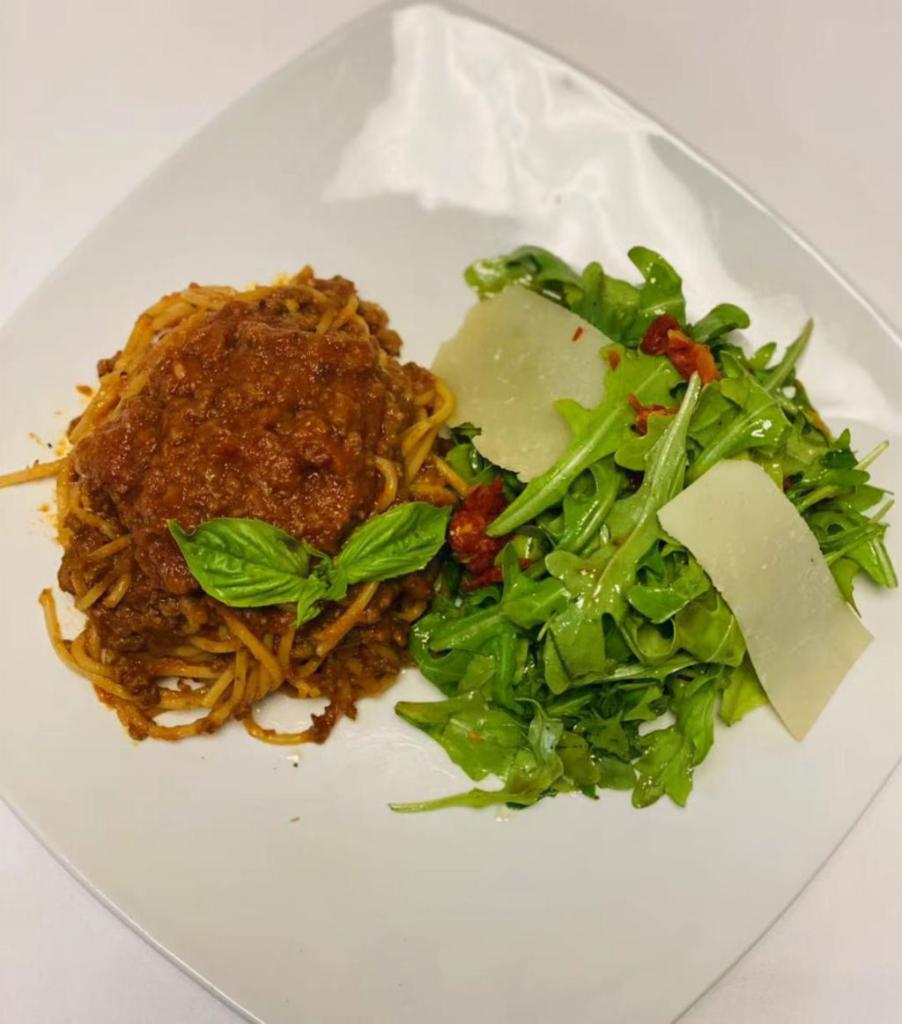 Spaghetti Bolognese  ✖  Insalata di Arugula · Spaghetti, Homemade zesty tomato meat sauce  ✖  Arugula, endive, radicchio, sun-dried tomatoes, honey vinaigrette