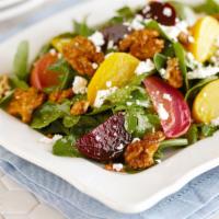 Organic Baby Greens with Beets · Goat cheese, walnuts, beets and white balsamic vinaigrette dressing.