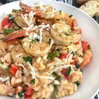  Risotto di Scampi · shrimp grilled with shishito peppers on risotto rice