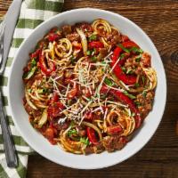 Spaghetti with Sausage and Peppers · Hot and sweet Italian sausage, mushrooms, peppers, onions and tomato sauce.