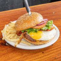 Gator Burger · Lettuce, tomato, onion, ham, bacon, fried egg, 2 kinds of cheese and Thousand Island.