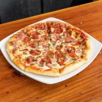 Meat Lovers Pizza · Topped with pepperoni, ham and Italian sausage.
