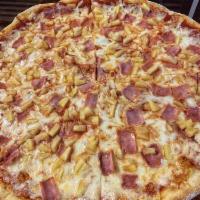 Hawaiian Pizza · Ham, pineapple, sauce, and mozzarella.