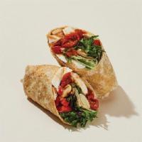 Mozzarella & Red Peppers with Romesco Wrap · Mozzarella, roasted tomatoes, red peppers, sliced almonds, mesclun, and basil with a hearty ...