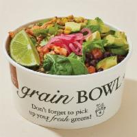Chipotle Chicken Grain Bowl · Spicy chipotle chicken, charred corn and black bean salsa over a warm bed of quinoa and brow...