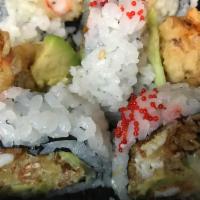 Spider Roll · 5 pieces. Soft shell crab tempura, avocado, cucumber & tobiko