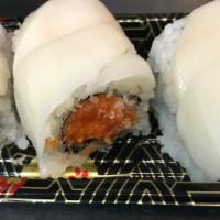 Tsunami Roll · Crunchy spicy salmon roll with super white tuna on top. 