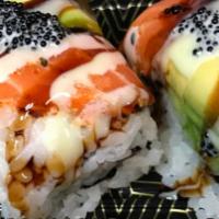 Sushi Time Roll · Spicy tuna and white tuna tempura roll with Cajun salmon, avocado, black tobiko and eel sauc...
