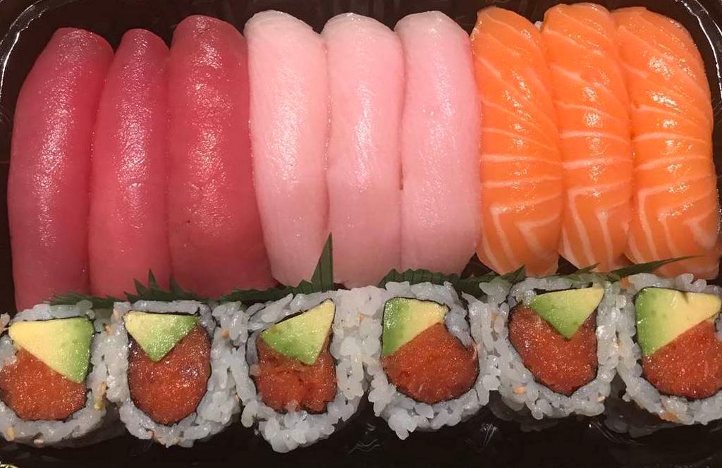 Tuna, Salmon and Yellowtail Sushi · Three pieces each and spicy tuna avocado roll.