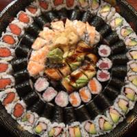 D. Roll Combination Platter · 13 rolls. Includes 3 California rolls, 2 tuna rolls, 2 salmon rolls, 2 spicy tuna rolls, 2 y...