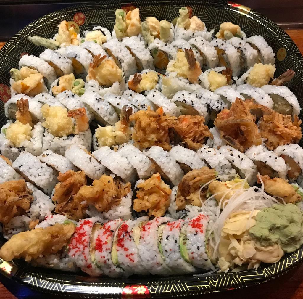 F. Tempura Roll Platter · 14 rolls. Includes 2 spider rolls, 4 shrimp tempura rolls, 4 seafood tempura rolls and 4 veggie tempura rolls.