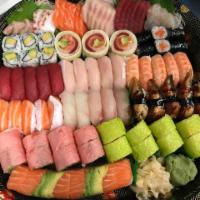 I. Sushi Sashimi & Roll Platter · Sushi: 5 tuna, 5 salmon toro, 5 yellow toro, 5 eel, 5 white fish, 5 shrimp. Sashimi: 3 Salmo...