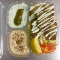 15. Lamb Gyro slices  Plate over rice · 5 lamb slices, rice ,tzatziki, dolma, hummus, olive, lettuce, tomato, lemon,onion, garlic sa...