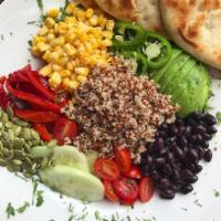 El Camino Quinoa Bowl · Baby arugula, cucumber, red pepper, black beans, jalapeno, corn, avocado, grape tomato, pepi...