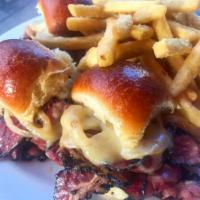 Pastrami Sliders · Swiss, friend onions and french fries.