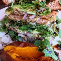 Healthwich · Turkey burger, avocado, arugula, red onion, garlic aioli and balsamic glaze on 8-grain with ...