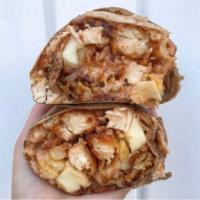 Hangover Wrap · Chicken fingers, mozzarella sticks, onion rings, bacon, french fries and smother sauce.