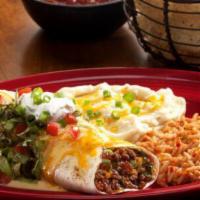 Sancho Especial Burrito · Seasoned ground beef, cheese, lettuce, and tomatoes wrapped in a flour tortilla and covered ...