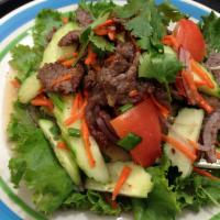 19. Beef Salad · Grilled beef tossed with chili pepper lime sauce, tomato, mixed onions, shredded carrot, sli...