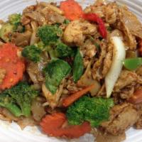 44. Pad Khee-Mao Noodle · Choice of protein and wide rice noodles pan-fried with egg, broccoli, bell peppers, onions, ...