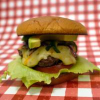 Southwestern Burger · 100% Angus beef patty, pepper jack cheese, sliced avocado, green house tomato, romaine lettu...