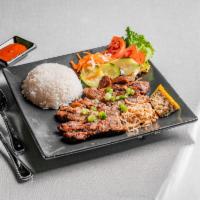 R1. Special Plate  · Com bi suon cha. Steam rice plate served with grilled pork chop ,thinly shredded pork and eg...
