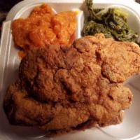 Pork Chop Dinner  · 2 meaty pork chops with your choice of two sides and cornbread or white bread 