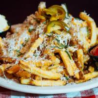 Enjay's Fries · Crispy rosemary, garlic, Parmesan and hot peppers.