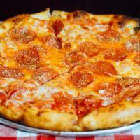 Pepperoni Pizza · pepperoni, red sauce, mozzarella, oregano and garlic.