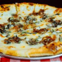 Mushroom and Onion Pizza · Bechamel, sharp provolone, creminis, caramelized onions, fresh sage and parm.