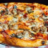 Supreme Pizza · Red sauce, mozzarella, caramelized onions, red peppers, pickled jalapenos, mushrooms, sausag...