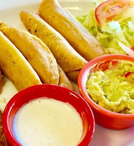 Flautas Plate · 4 flautas served with rice and beans, and salad.