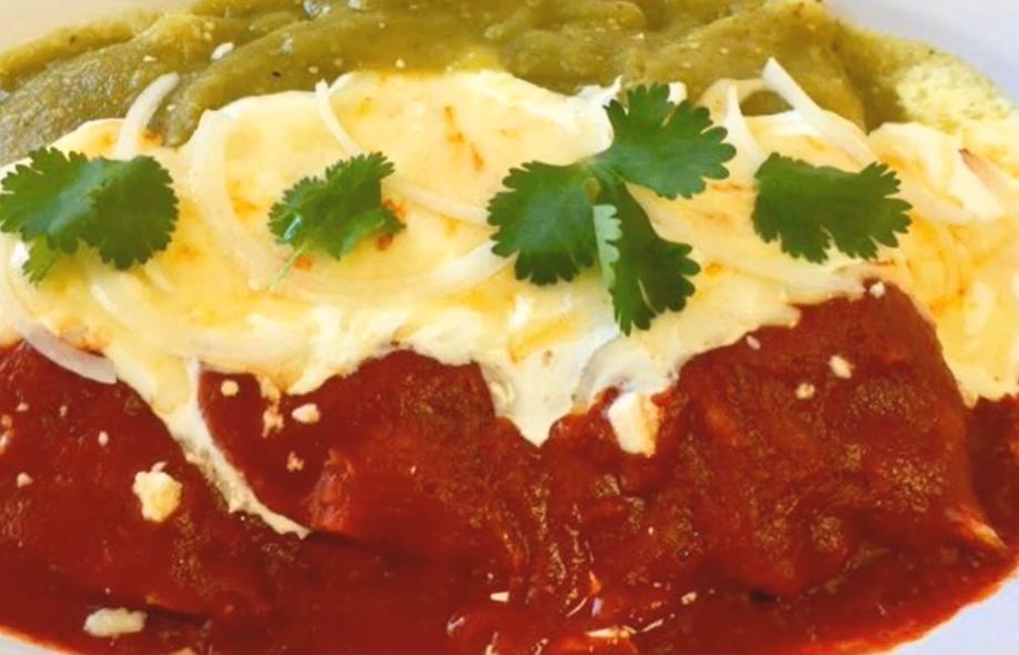 Enchiladas Tricolor · Four chicken enchiladas with red and green salsa, Mexican cream and cheese.