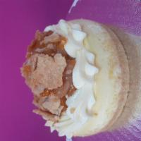 Peach Cobbler Surprise Mini Cake · Vanilla cake filled and topped with peach cobbler and cream cheese icing.