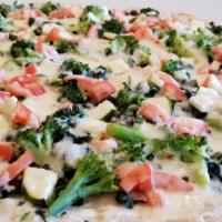 White Primavera Pizza · Broccoli, spinach, eggplant and tomatoes.