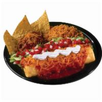 Chimichanga · A homestyle tortilla filled with refried pinto beans, cheddar cheese, sour cream and your ch...