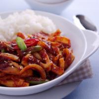 D21. Ojingeo Deopbap · Stir fried spicy squid over rice.