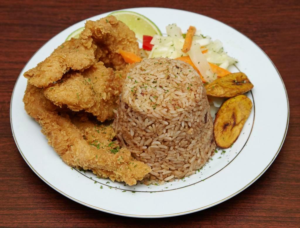 7. Southern Fried Catfish · Served with rice and peas or white rice and steamed vegetable or collard greens