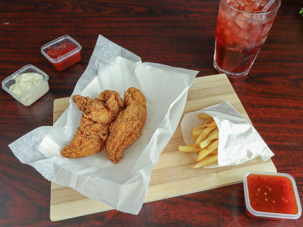 Tender Combo 3 Pieces · 3 chicken tender. Choice of 1 regular side and 20 oz. drink. Choice of 1 ranch or BBQ.