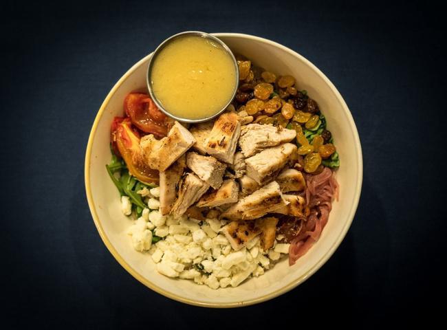 Grilled Chicken Bowl · Brown rice, grilled chicken, baby arugula, summer salad, roasted honey cayenne chickpeas, shelled edamame and feta. Lemon Thyme Vinaigrette. (GF)