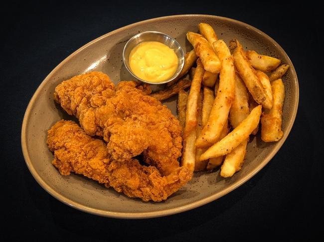 Chicken Fingers · Chicken fingers served with fries and honey mustard. (GF)