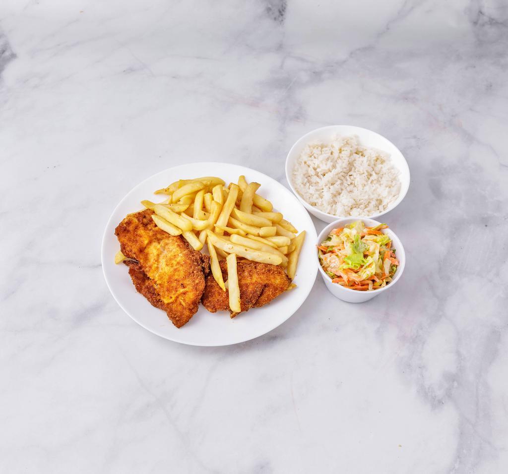 Filete a la Empanizado · Breaded fish fillet with rice and french fries.