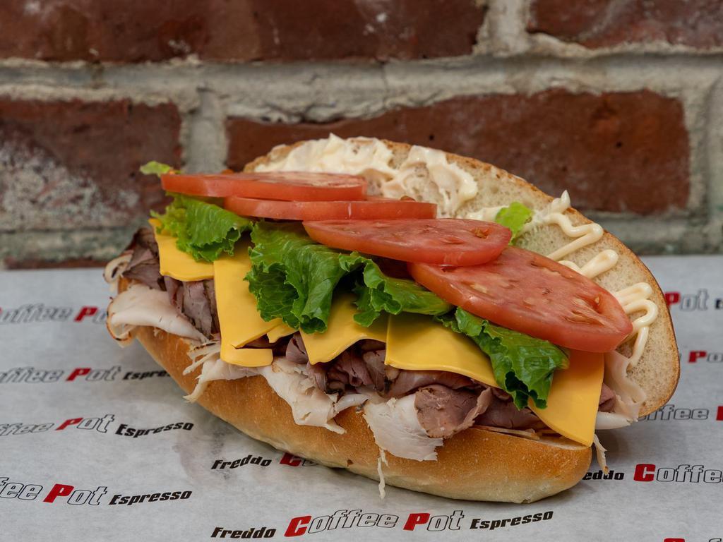 American · Boars' Head Roast Beef, Boars' Head Overgold Turkey, American Cheese, Lettuce, Tomato, with Mayo