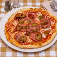 Diavola Pizza · Tomato, mozzarella, sarati hot peppers.