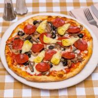 Quattro Stagioni Pizza · Mozzarella, tomato, pepperoni, mushroom, black olive, artichoke.