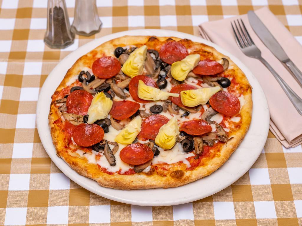 Quattro Stagioni Pizza · Mozzarella, tomato, pepperoni, mushroom, black olive, artichoke.