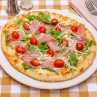 Parma Pizza · Prosciutto, mozzarella, grape tomato, arugula, Parmigiano.